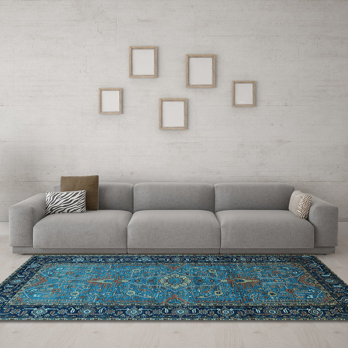Machine Washable Oriental Light Blue Industrial Rug in a Living Room, wshurb1955lblu
