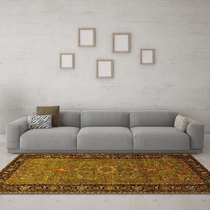 Machine Washable Oriental Yellow Industrial Rug in a Living Room, wshurb1955yw