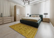 Mid-Century Modern Orange Gold Gold Oriental Rug in a Bedroom, urb1956