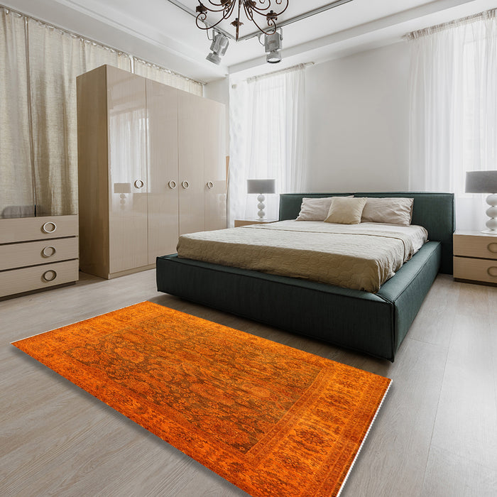 Mid-Century Modern Neon Orange Oriental Rug in a Bedroom, urb1957
