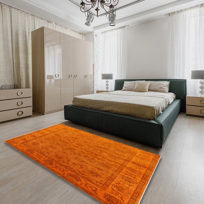 Mid-Century Modern Orange Red Orange Oriental Rug in a Bedroom, urb1958
