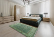 Mid-Century Modern Dark Olive Green Oriental Rug in a Bedroom, urb1961