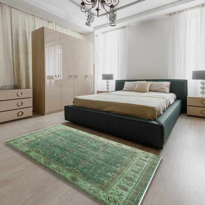 Mid-Century Modern Dark Olive Green Oriental Rug in a Bedroom, urb1961
