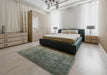 Mid-Century Modern Dark Olive Green Oriental Rug in a Bedroom, urb1962