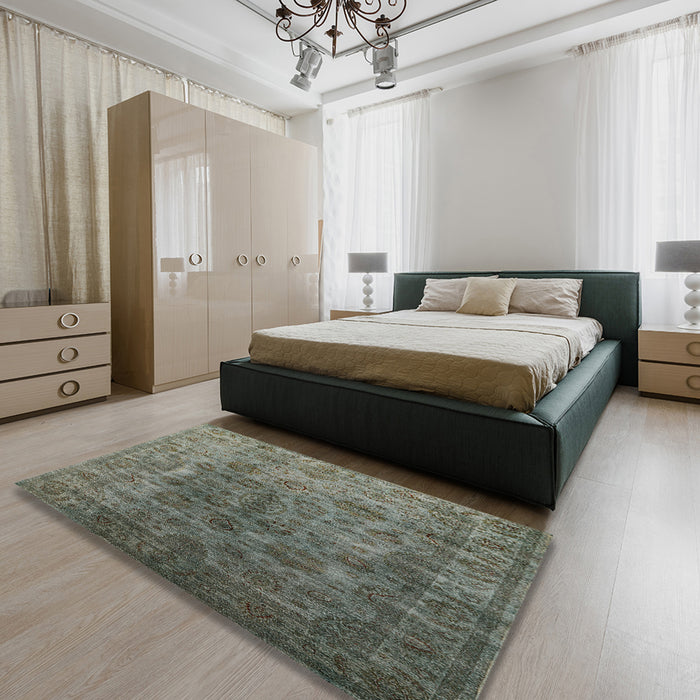 Mid-Century Modern Dark Olive Green Oriental Rug in a Bedroom, urb1962