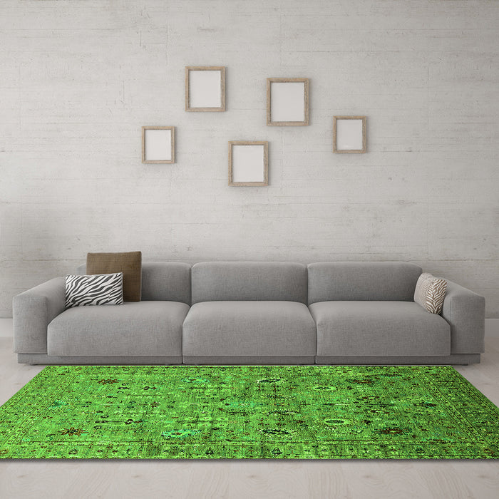 Machine Washable Oriental Green Industrial Area Rugs in a Living Room,, wshurb1966grn