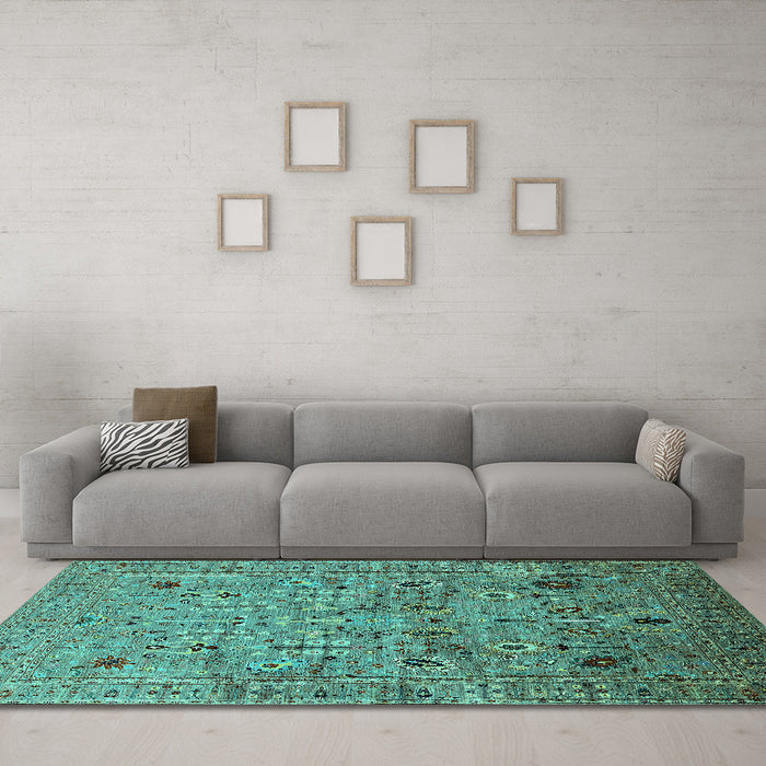 Machine Washable Oriental Turquoise Industrial Area Rugs in a Living Room,, wshurb1966turq