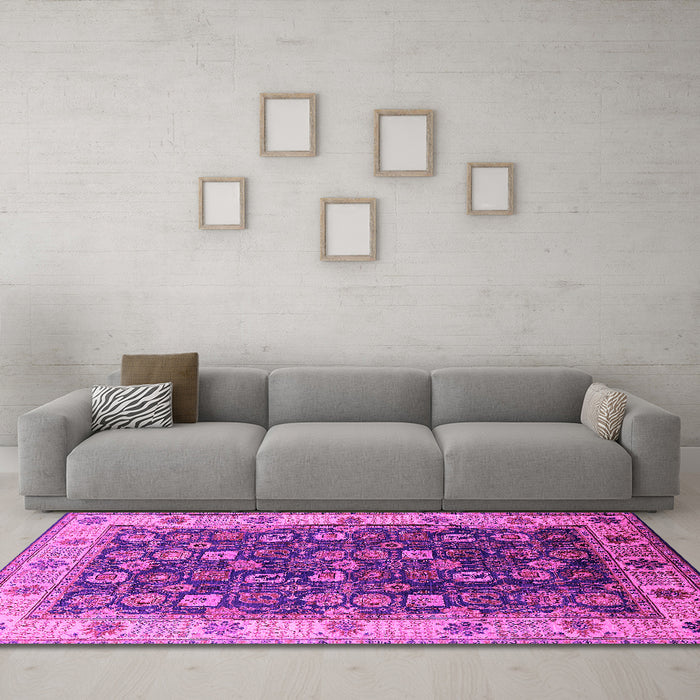 Machine Washable Oriental Pink Industrial Rug in a Living Room, wshurb1967pnk