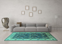 Machine Washable Oriental Turquoise Industrial Area Rugs in a Living Room,, wshurb1967turq