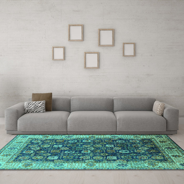 Machine Washable Oriental Turquoise Industrial Area Rugs in a Living Room,, wshurb1967turq