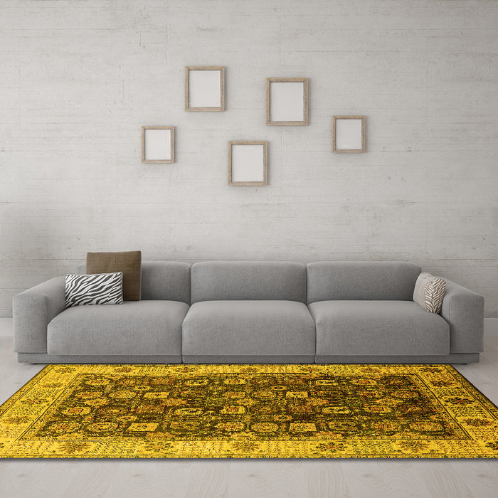 Machine Washable Oriental Yellow Industrial Rug in a Living Room, wshurb1967yw