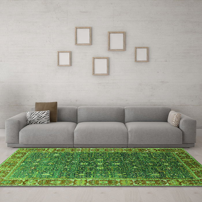 Machine Washable Oriental Green Industrial Area Rugs in a Living Room,, wshurb1968grn