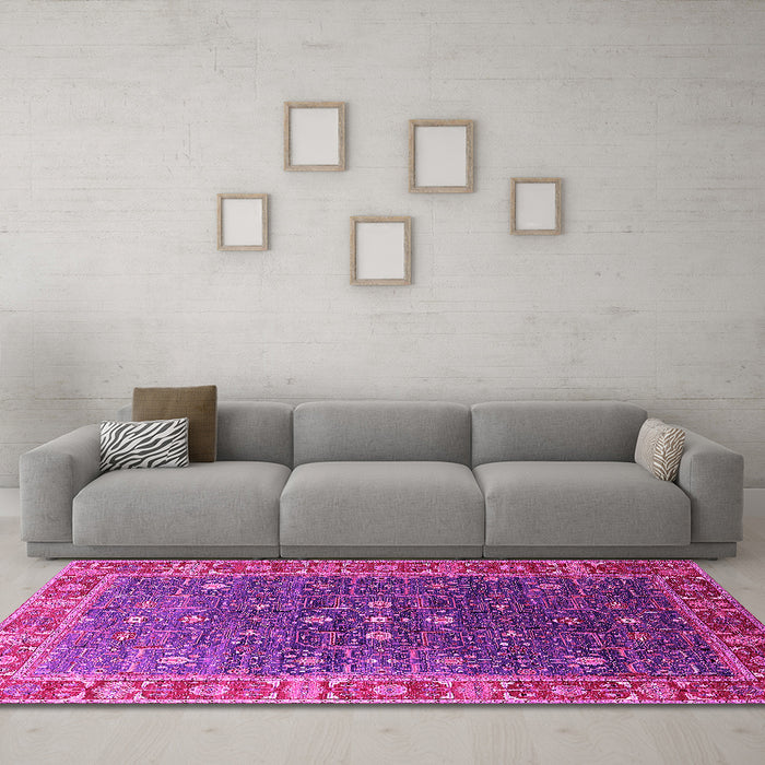 Machine Washable Oriental Pink Industrial Rug in a Living Room, wshurb1968pnk