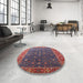 Round Mid-Century Modern Dark Raspberry Purple Oriental Rug in a Office, urb1968