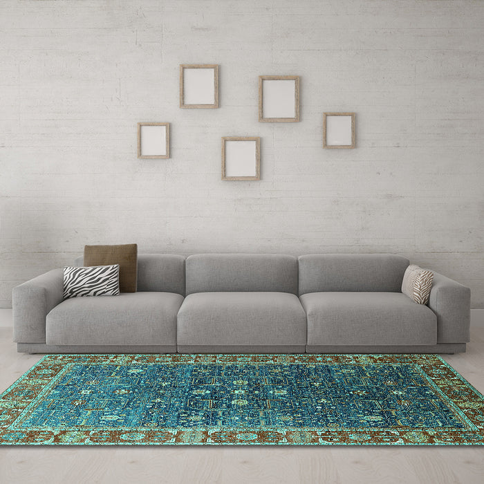 Machine Washable Oriental Turquoise Industrial Area Rugs in a Living Room,, wshurb1968turq
