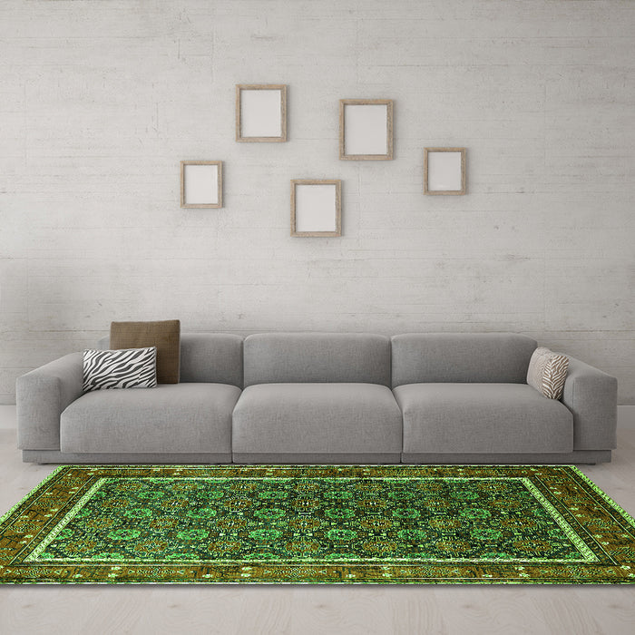 Machine Washable Oriental Green Industrial Area Rugs in a Living Room,, wshurb1969grn