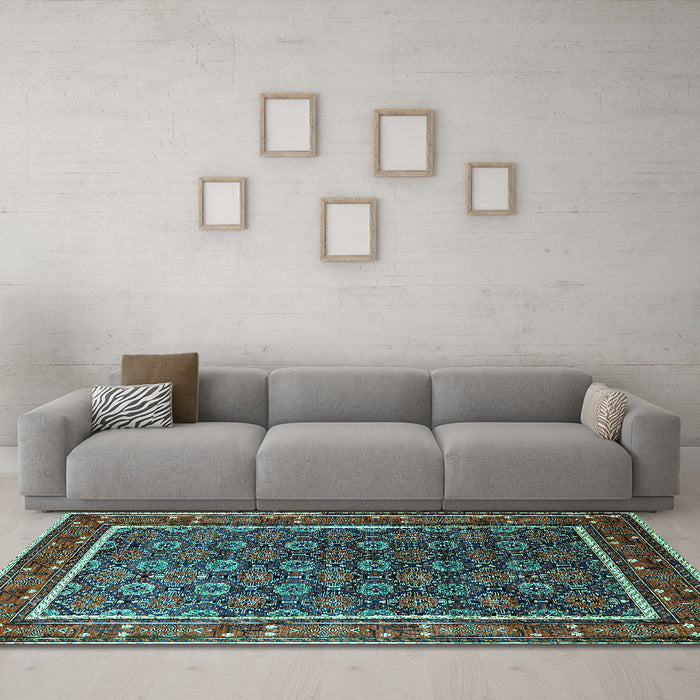 Machine Washable Oriental Turquoise Industrial Area Rugs in a Living Room,, wshurb1969turq
