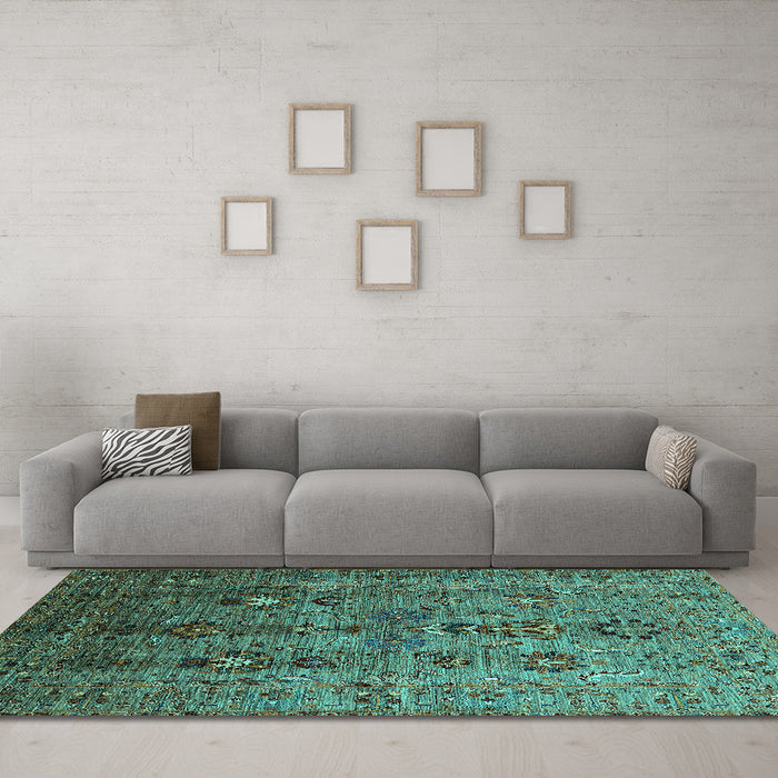 Machine Washable Oriental Turquoise Industrial Area Rugs in a Living Room,, wshurb1970turq