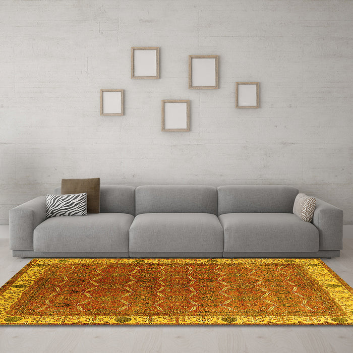 Machine Washable Oriental Yellow Industrial Rug in a Living Room, wshurb1971yw