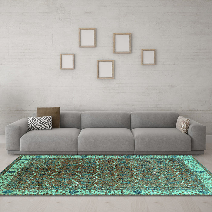 Machine Washable Oriental Turquoise Industrial Area Rugs in a Living Room,, wshurb1971turq