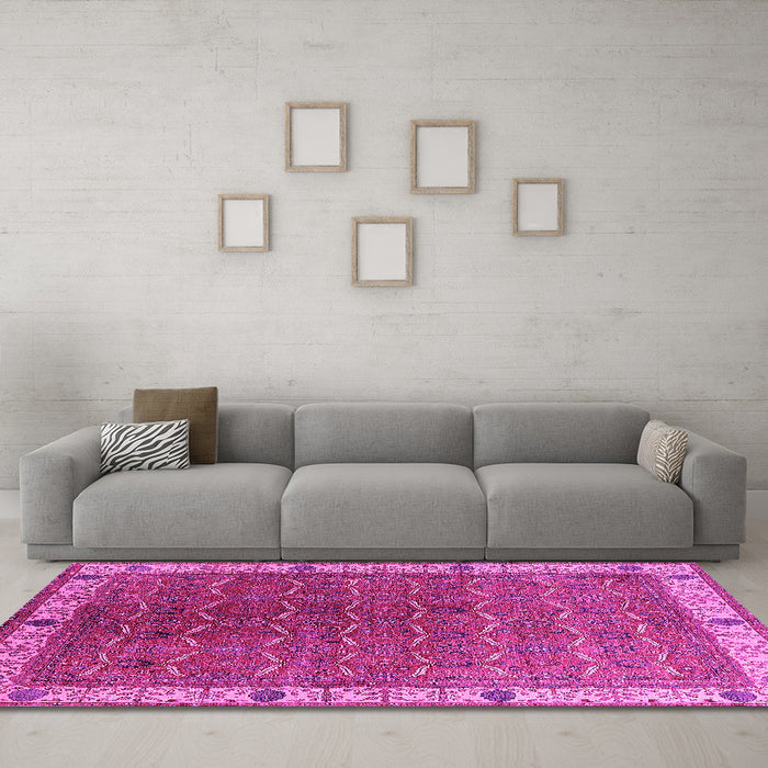 Machine Washable Oriental Pink Industrial Rug in a Living Room, wshurb1971pnk