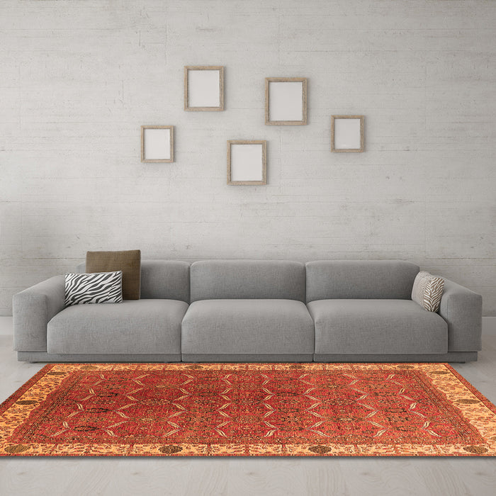 Machine Washable Oriental Orange Industrial Area Rugs in a Living Room, wshurb1971org