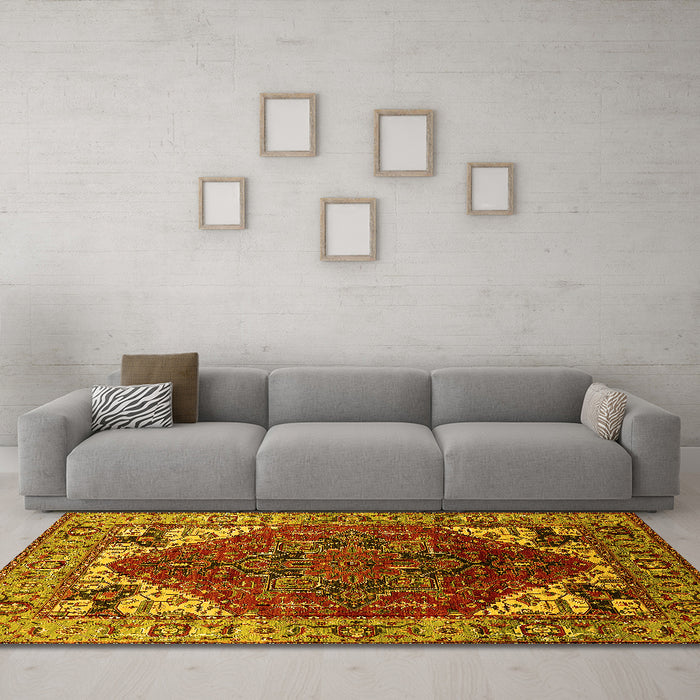 Machine Washable Oriental Yellow Industrial Rug in a Living Room, wshurb1973yw