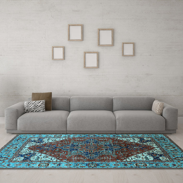 Machine Washable Oriental Light Blue Industrial Rug in a Living Room, wshurb1973lblu