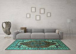 Machine Washable Oriental Turquoise Industrial Area Rugs in a Living Room,, wshurb1973turq
