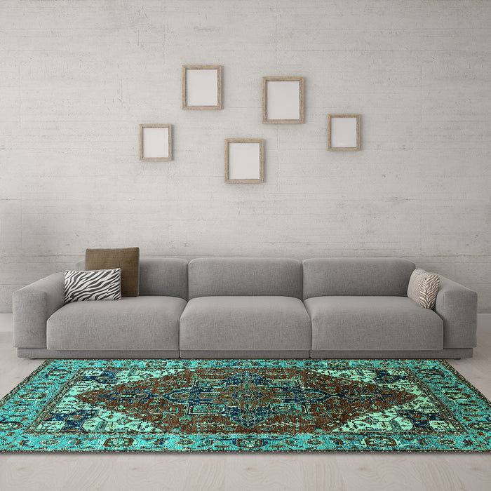 Machine Washable Oriental Turquoise Industrial Area Rugs in a Living Room,, wshurb1973turq
