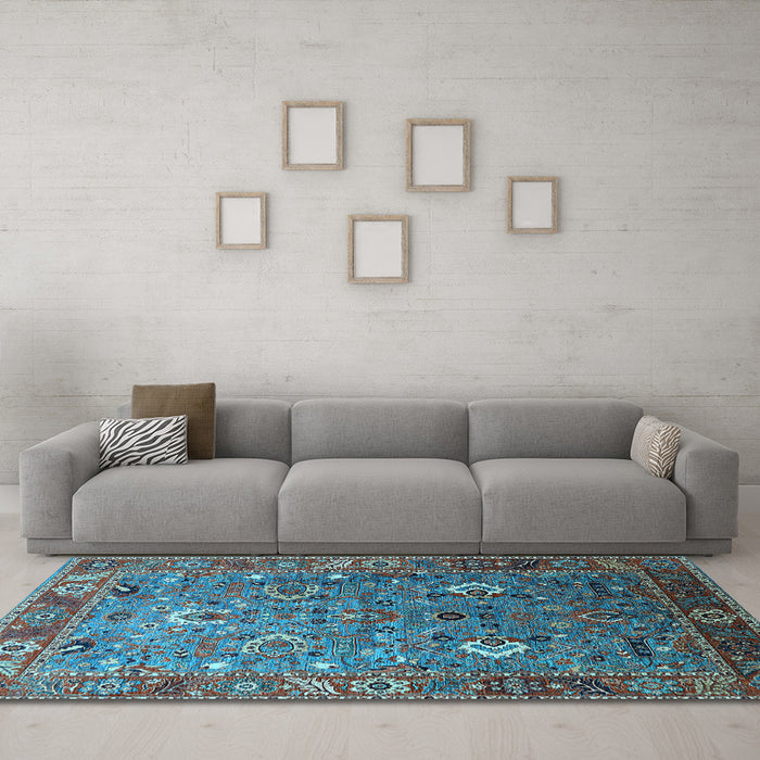 Machine Washable Oriental Light Blue Industrial Rug in a Living Room, wshurb1974lblu