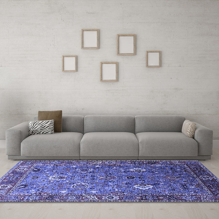 Machine Washable Oriental Blue Industrial Rug in a Living Room, wshurb1974blu