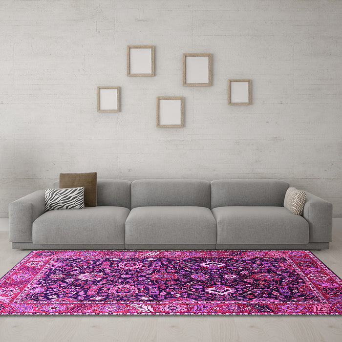 Machine Washable Oriental Pink Industrial Rug in a Living Room, wshurb1975pnk
