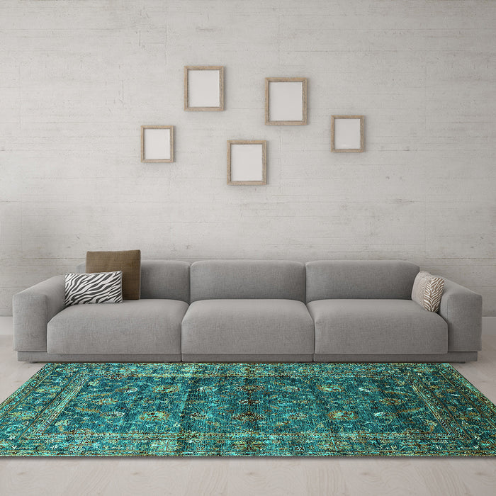 Machine Washable Oriental Turquoise Industrial Area Rugs in a Living Room,, wshurb1976turq