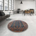 Round Mid-Century Modern Maroon Purple Oriental Rug in a Office, urb1976