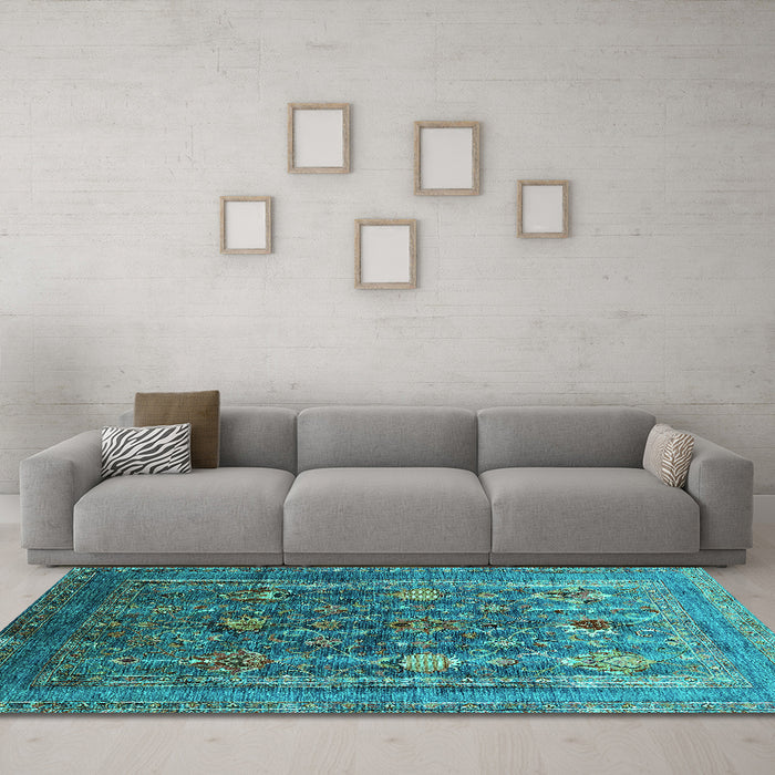 Machine Washable Oriental Turquoise Industrial Area Rugs in a Living Room,, wshurb1977turq