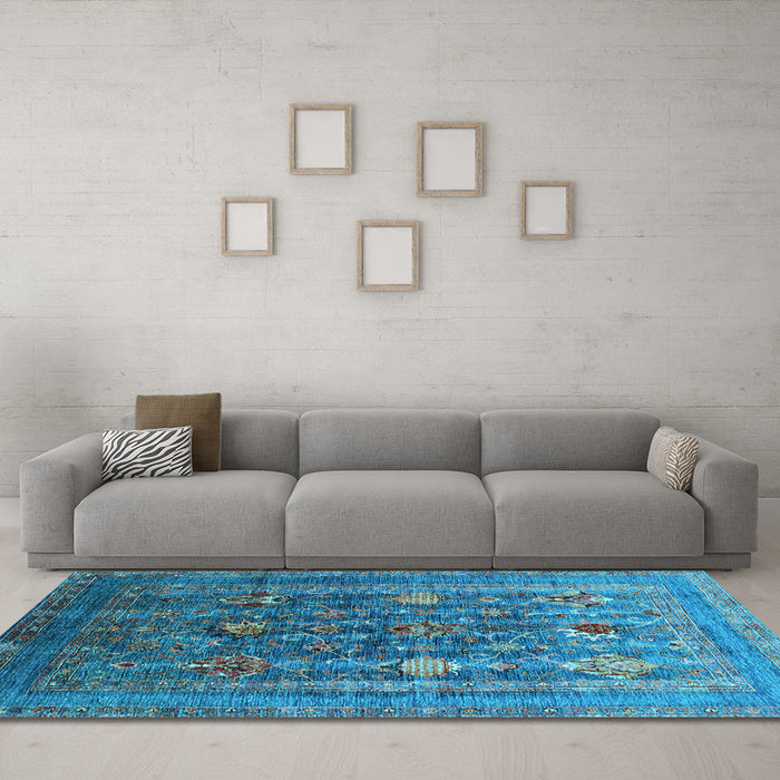 Machine Washable Oriental Light Blue Industrial Rug in a Living Room, wshurb1977lblu