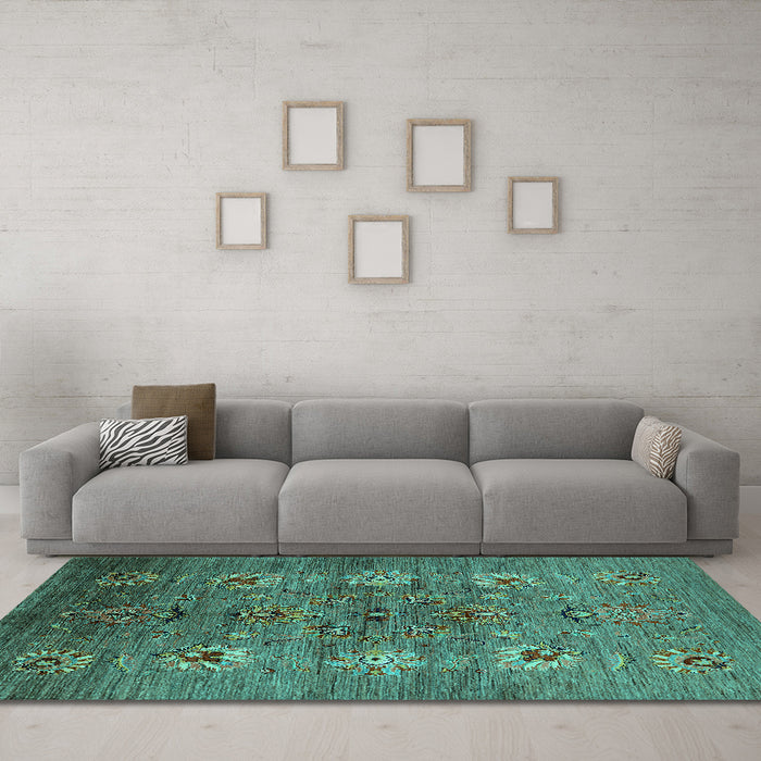 Machine Washable Oriental Turquoise Industrial Area Rugs in a Living Room,, wshurb1979turq
