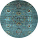 Round Machine Washable Oriental Light Blue Industrial Rug, wshurb1979lblu