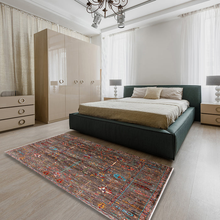 Mid-Century Modern Dark Almond Brown Oriental Rug in a Bedroom, urb1980