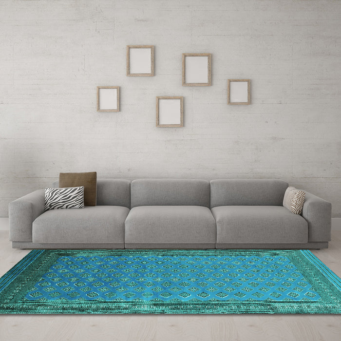 Machine Washable Oriental Turquoise Industrial Area Rugs in a Living Room,, wshurb1988turq