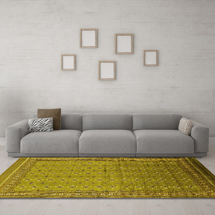 Machine Washable Oriental Yellow Industrial Rug in a Living Room, wshurb1989yw