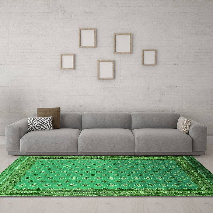 Machine Washable Oriental Green Industrial Area Rugs in a Living Room,, wshurb1989grn