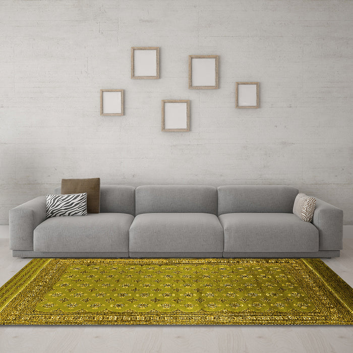 Machine Washable Oriental Yellow Industrial Rug in a Living Room, wshurb1990yw