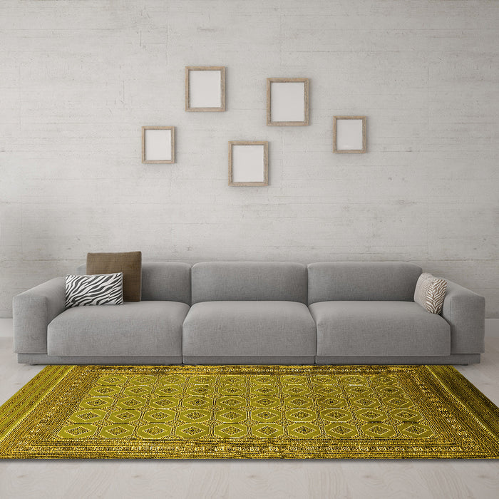 Machine Washable Oriental Yellow Industrial Rug in a Living Room, wshurb1991yw
