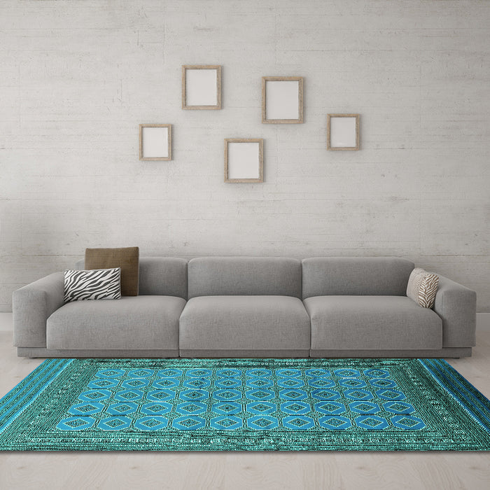 Machine Washable Oriental Turquoise Industrial Area Rugs in a Living Room,, wshurb1991turq