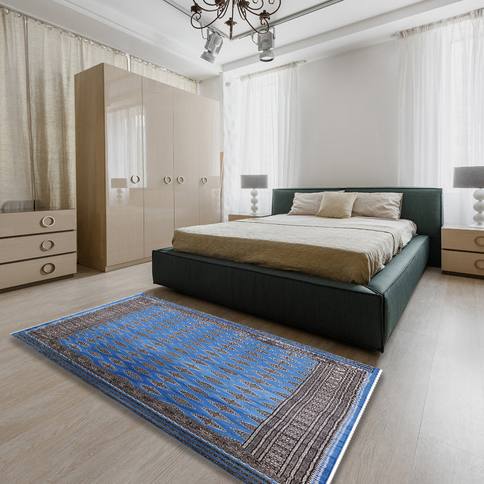 Mid-Century Modern Blue Oriental Rug in a Bedroom, urb1992