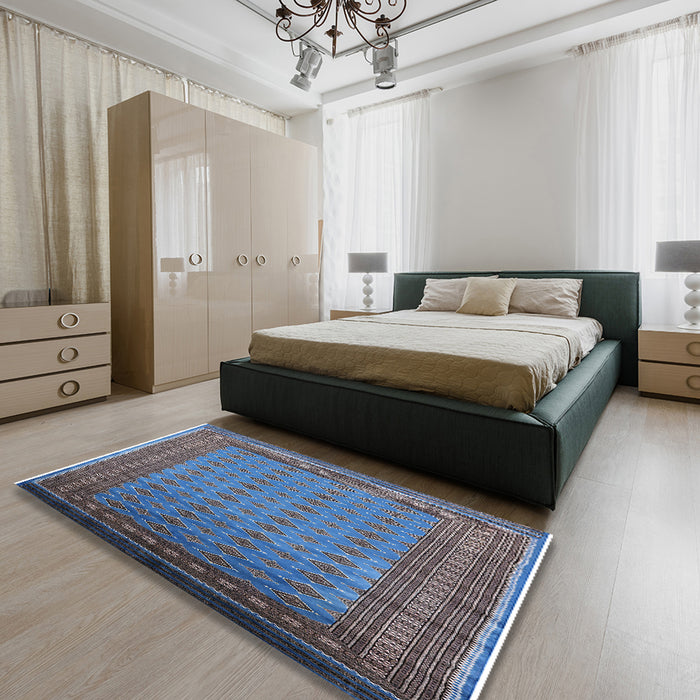 Mid-Century Modern Blue Oriental Rug in a Bedroom, urb1993