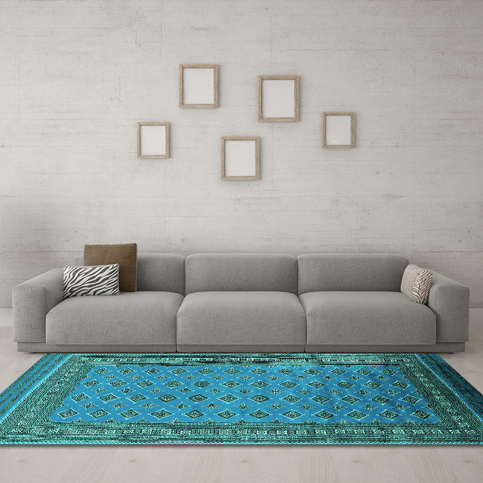 Machine Washable Oriental Turquoise Industrial Area Rugs in a Living Room,, wshurb1993turq
