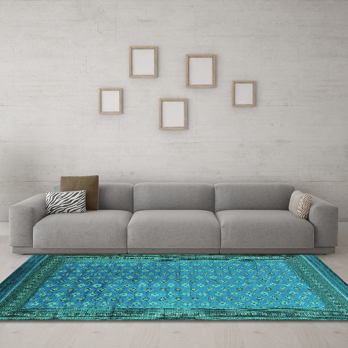 Machine Washable Oriental Turquoise Industrial Area Rugs in a Living Room,, wshurb1994turq